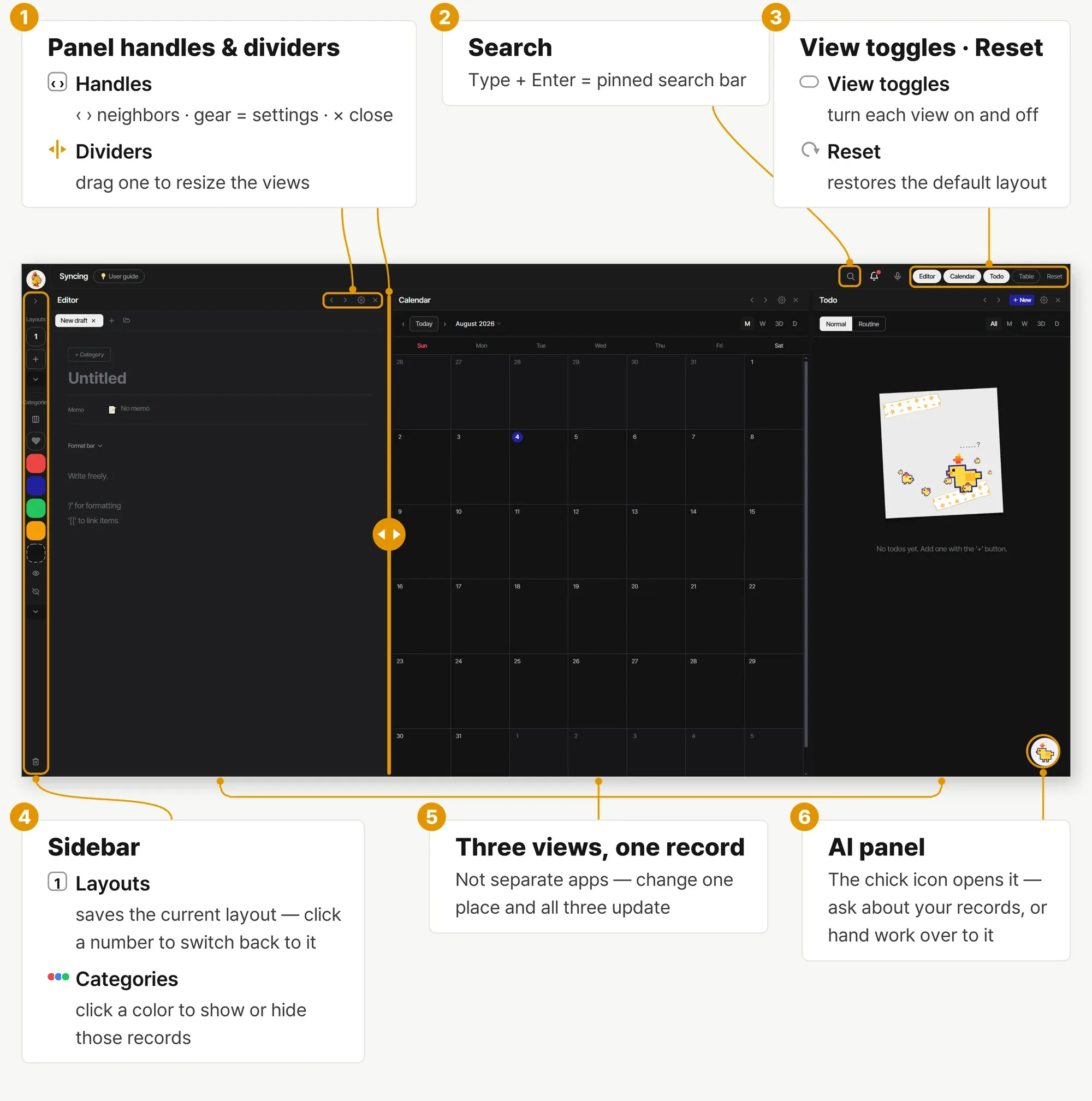 Syncing structure — header, sidebar, and the three views mirroring one record