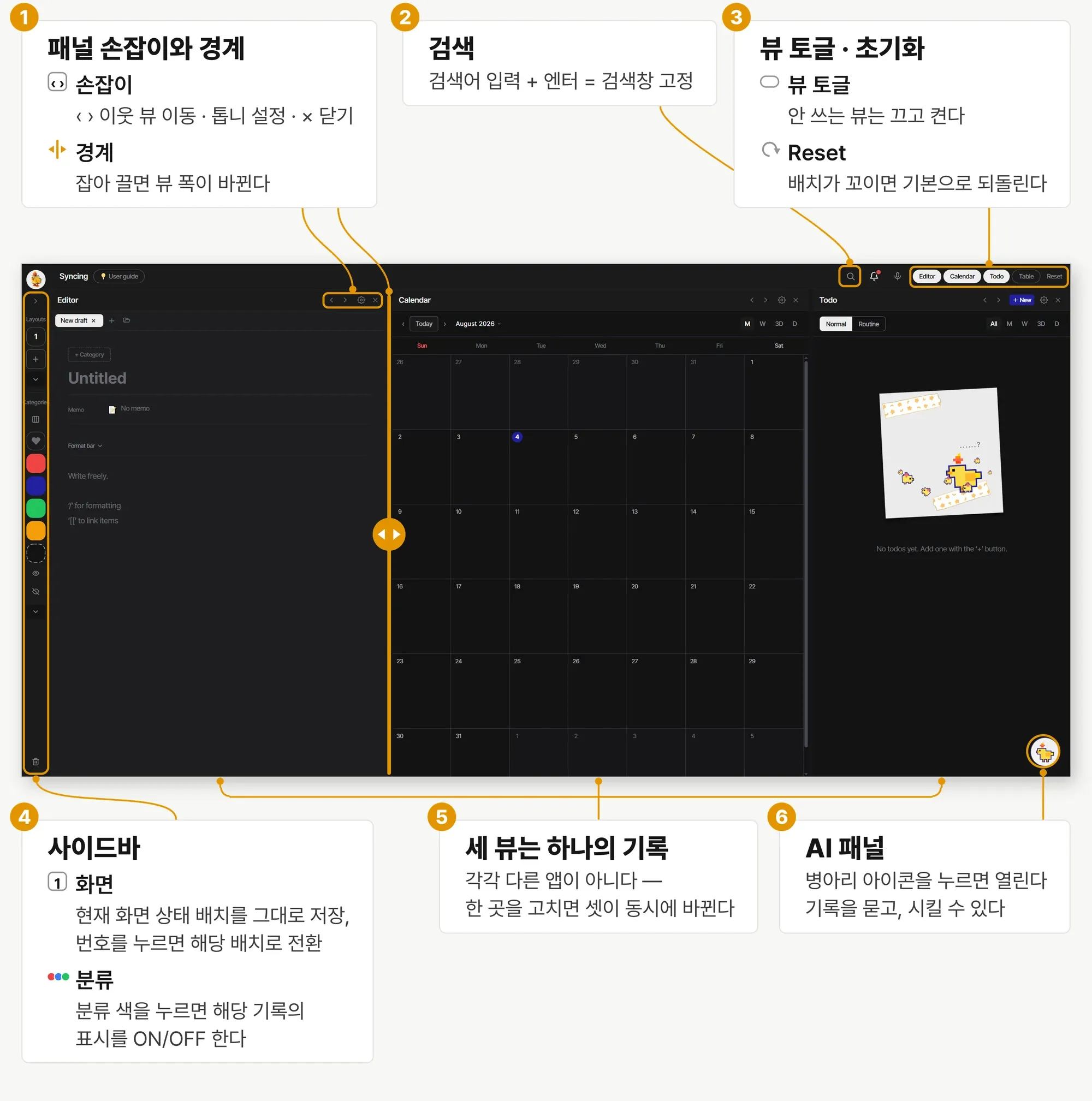 Syncing 구조도 — 헤더·사이드바·세 뷰가 한 기록을 비추는 화면 구성