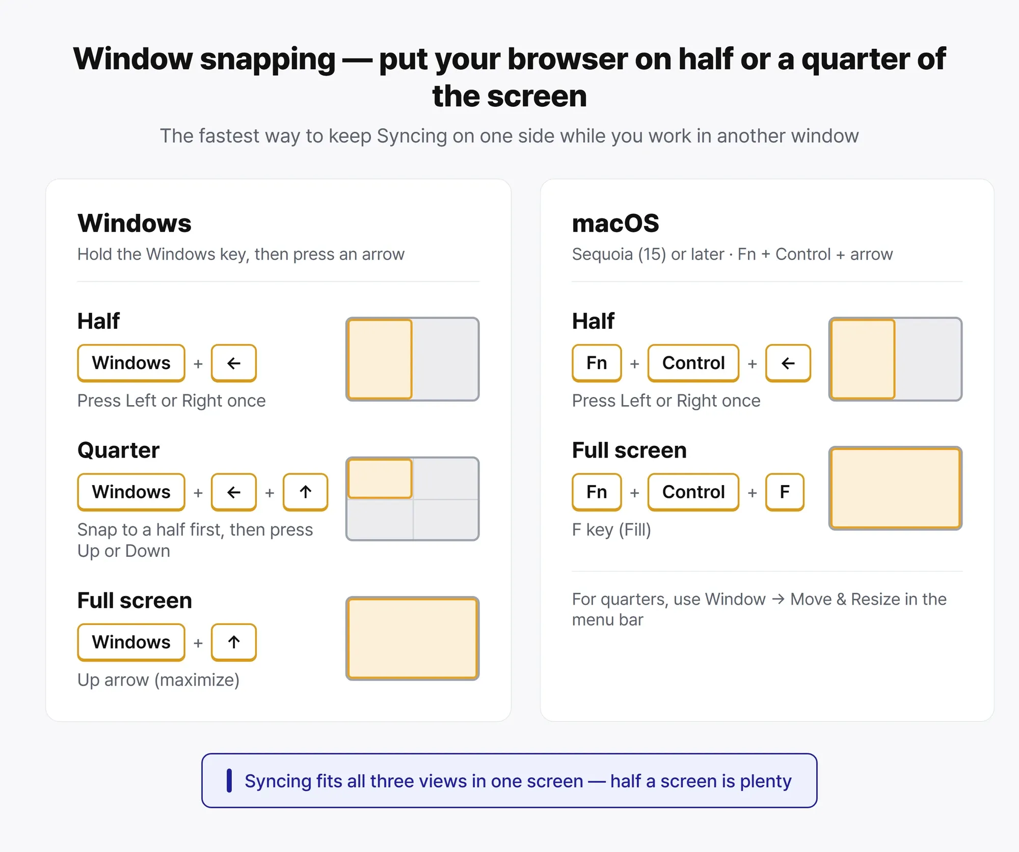 Window snap shortcuts — snapping to halves and quarters on Windows and macOS