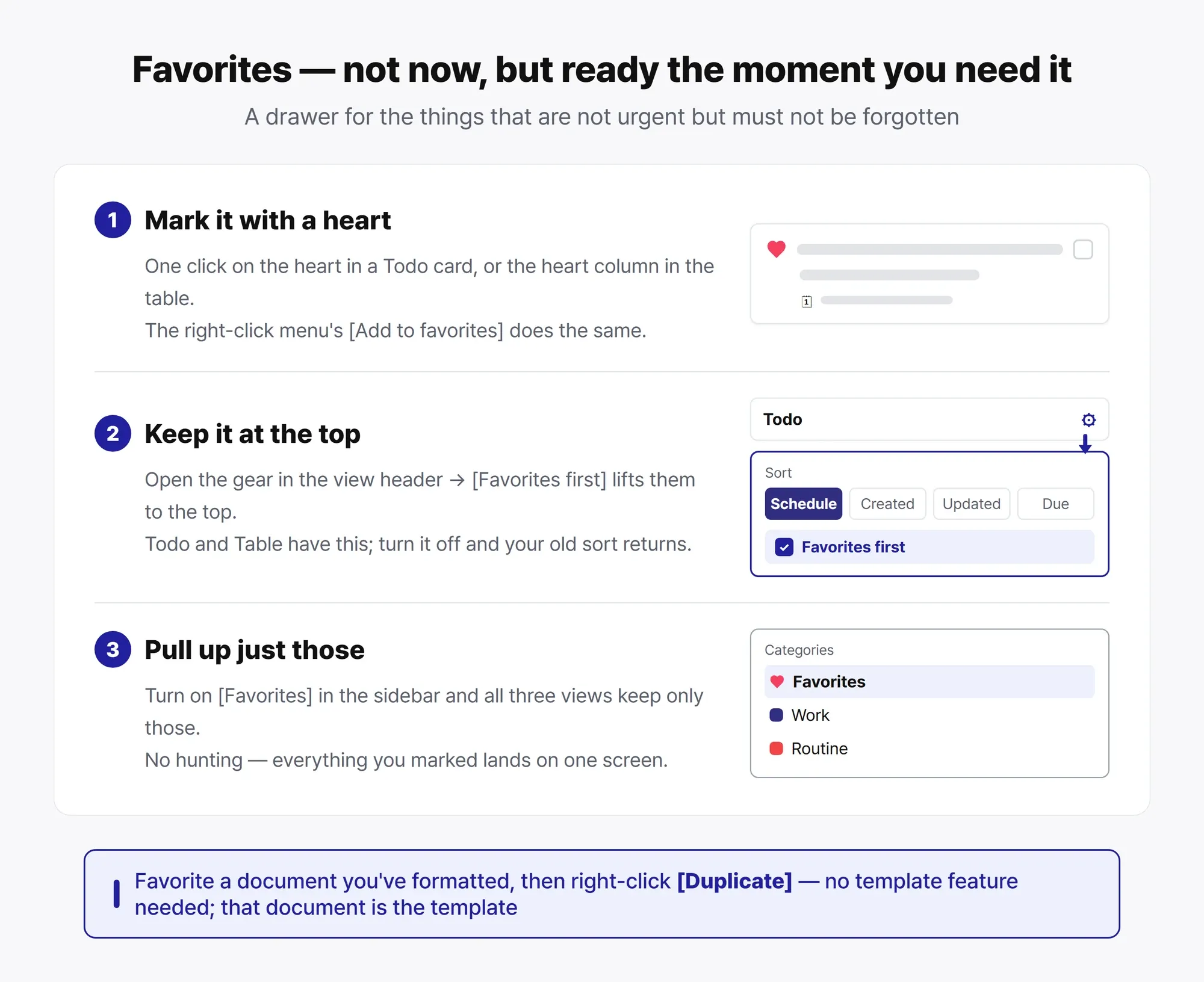 Using favorites — mark with a heart, pin to the top, or browse favorites alone